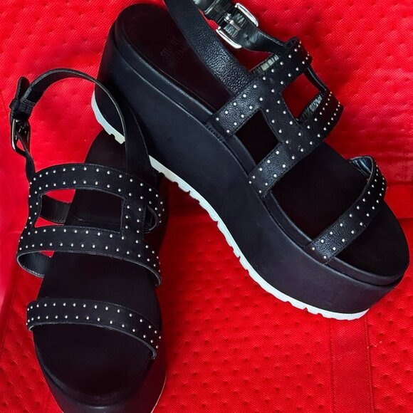 Stuart Weitzman Black Studded Leather Platform Sandals (Size W US 9) - Picture 2 of 5